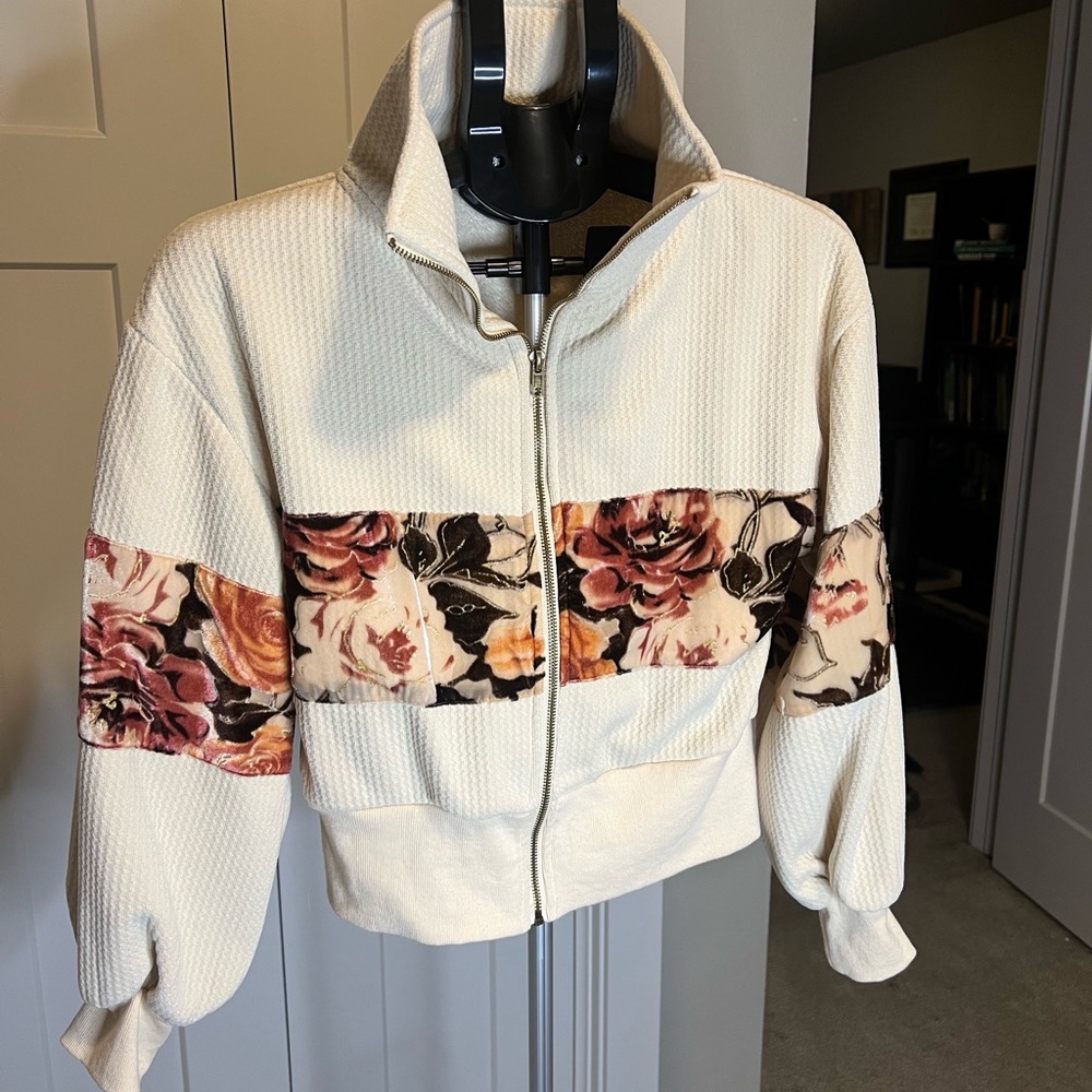 Joyfolie Cream Bomber Jacket with Floral Accents